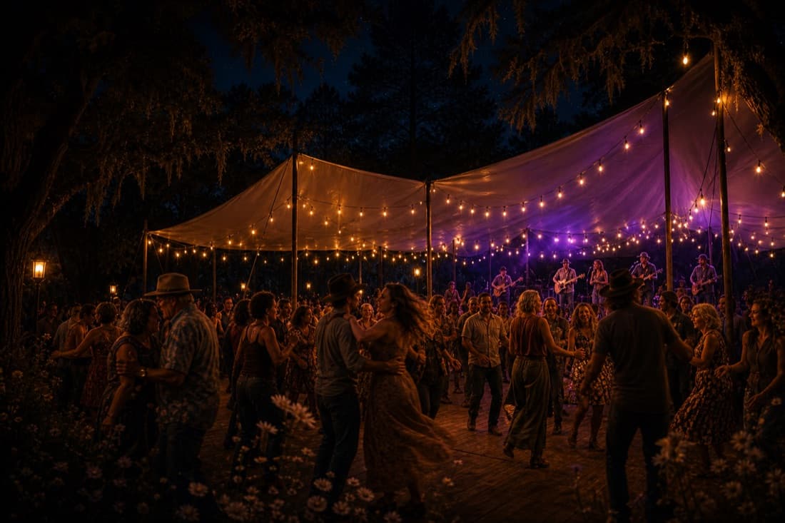 Festival dancing beneath warm lights after dark