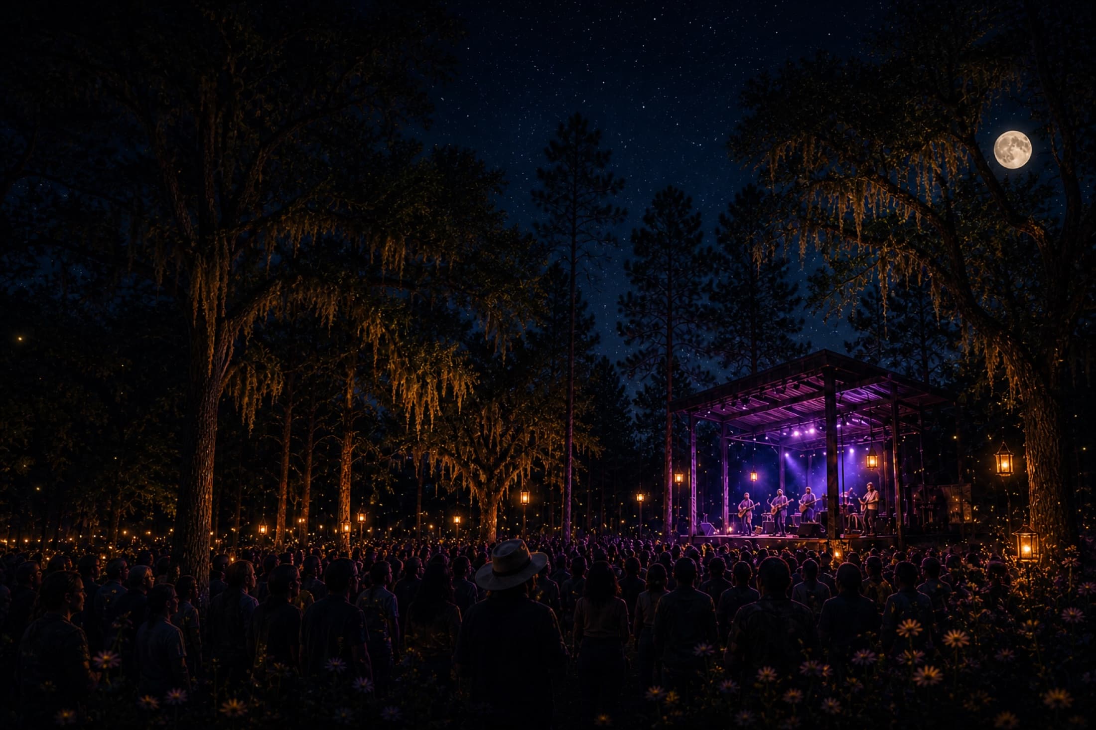A live music stage glowing among mature live oaks beneath a starry night sky