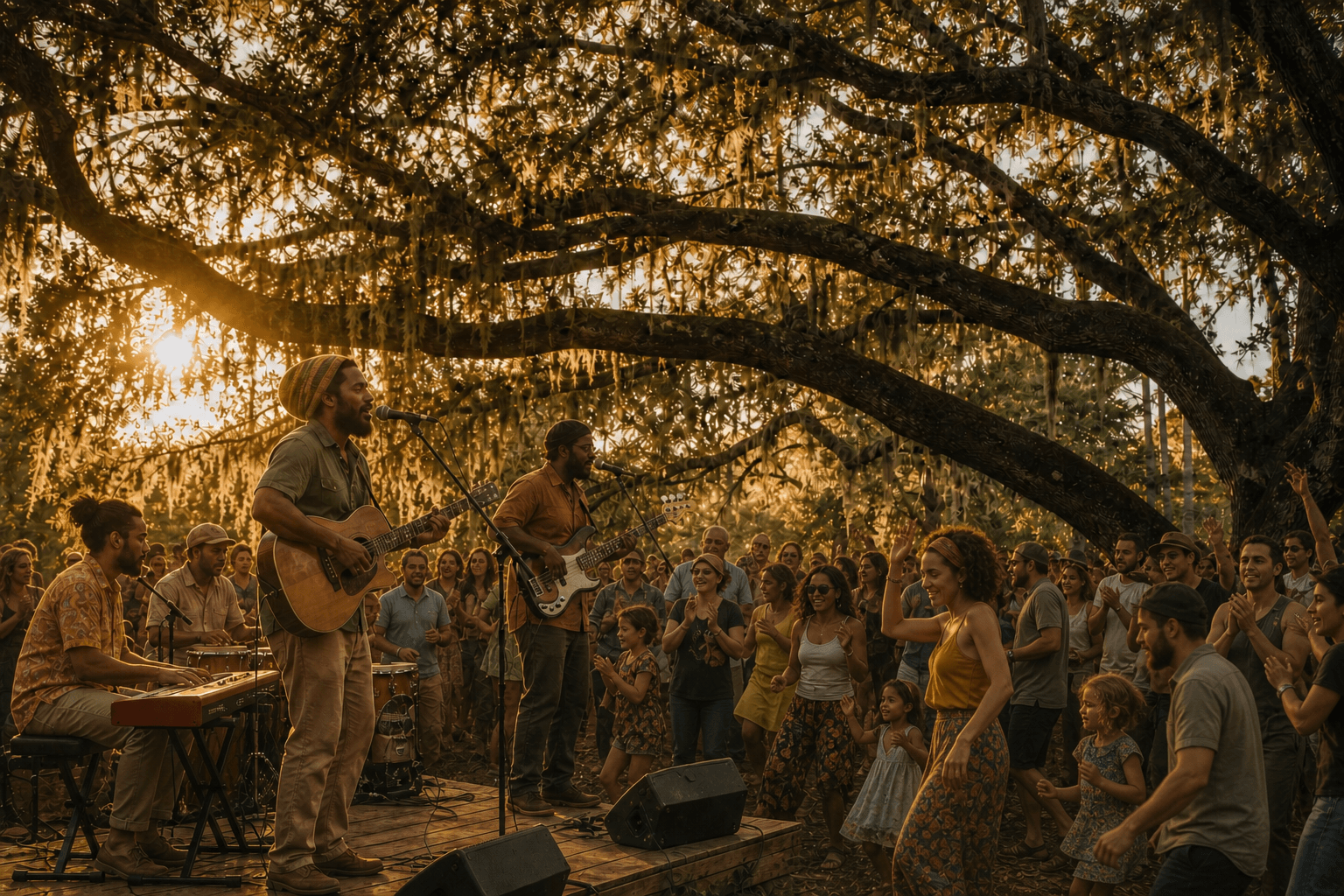 A roots-reggae group playing for a smiling, dancing crowd beneath enormous moss-draped live oaks at golden hour
