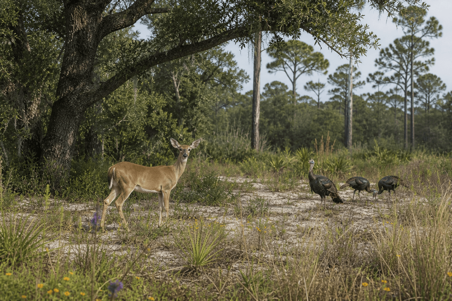 A white-tailed deer and wild turkeys in the park’s sandhill and live-oak habitat