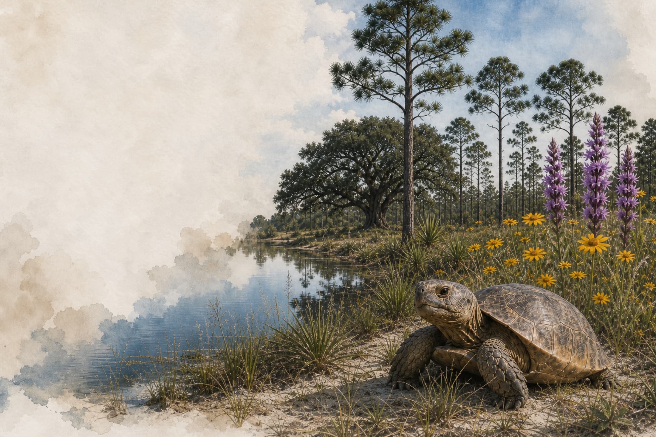 Longleaf pines, live oak, pond, and native wildflowers in the park