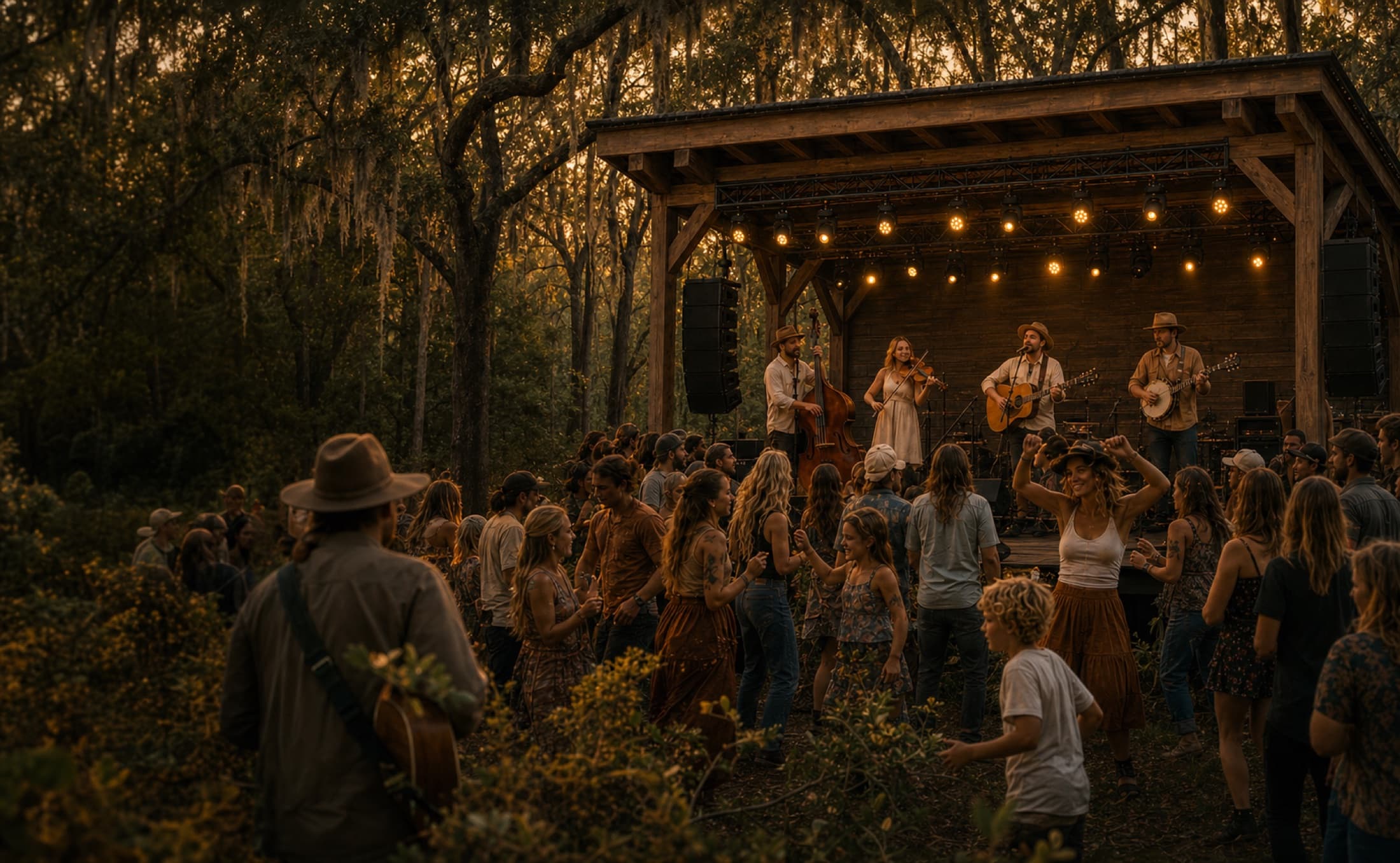 A folk band playing on a timber stage to a large dancing crowd beneath enormous moss-draped live oaks at golden hour