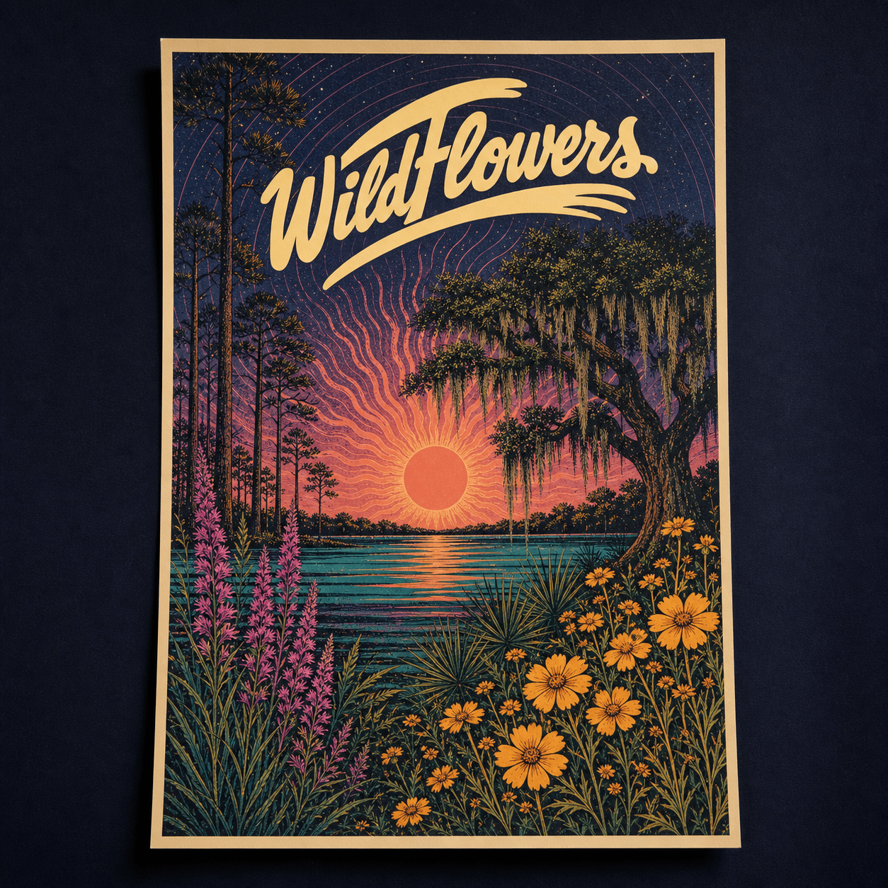 Colorful Wildflowers festival poster with a coral sunset, indigo sky, turquoise water, live oak, pines, and bright Florida wildflowers