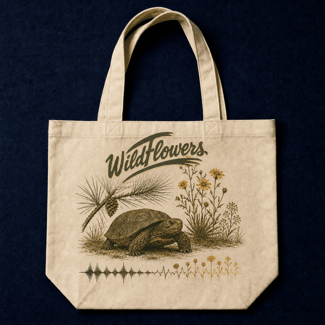 Natural canvas tote printed with the Wildflowers script logo, a gopher tortoise, pine sprig, wildflowers, and a sound-wave motif