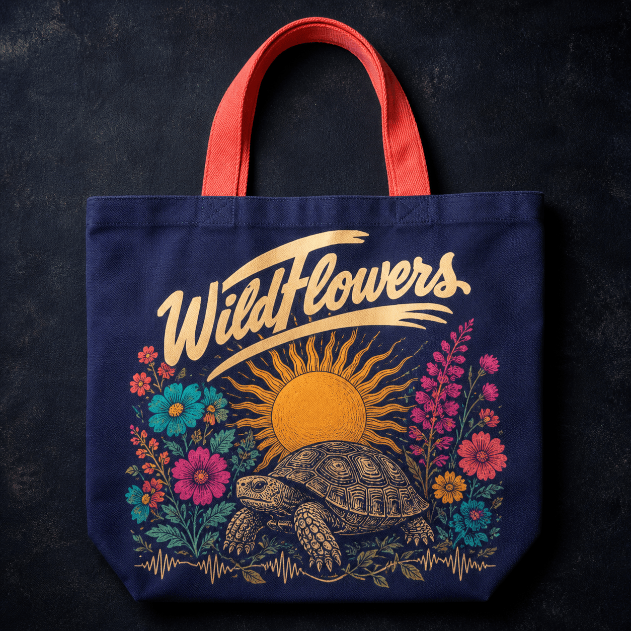 Deep-indigo tote with coral handles and a colorful Wildflowers sunburst, gopher tortoise, native flowers, and sound-wave design