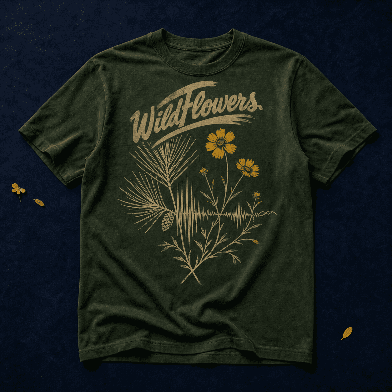 Forest-green festival tee screen-printed with the Wildflowers script logo, longleaf pine, coreopsis, and a sound-wave motif