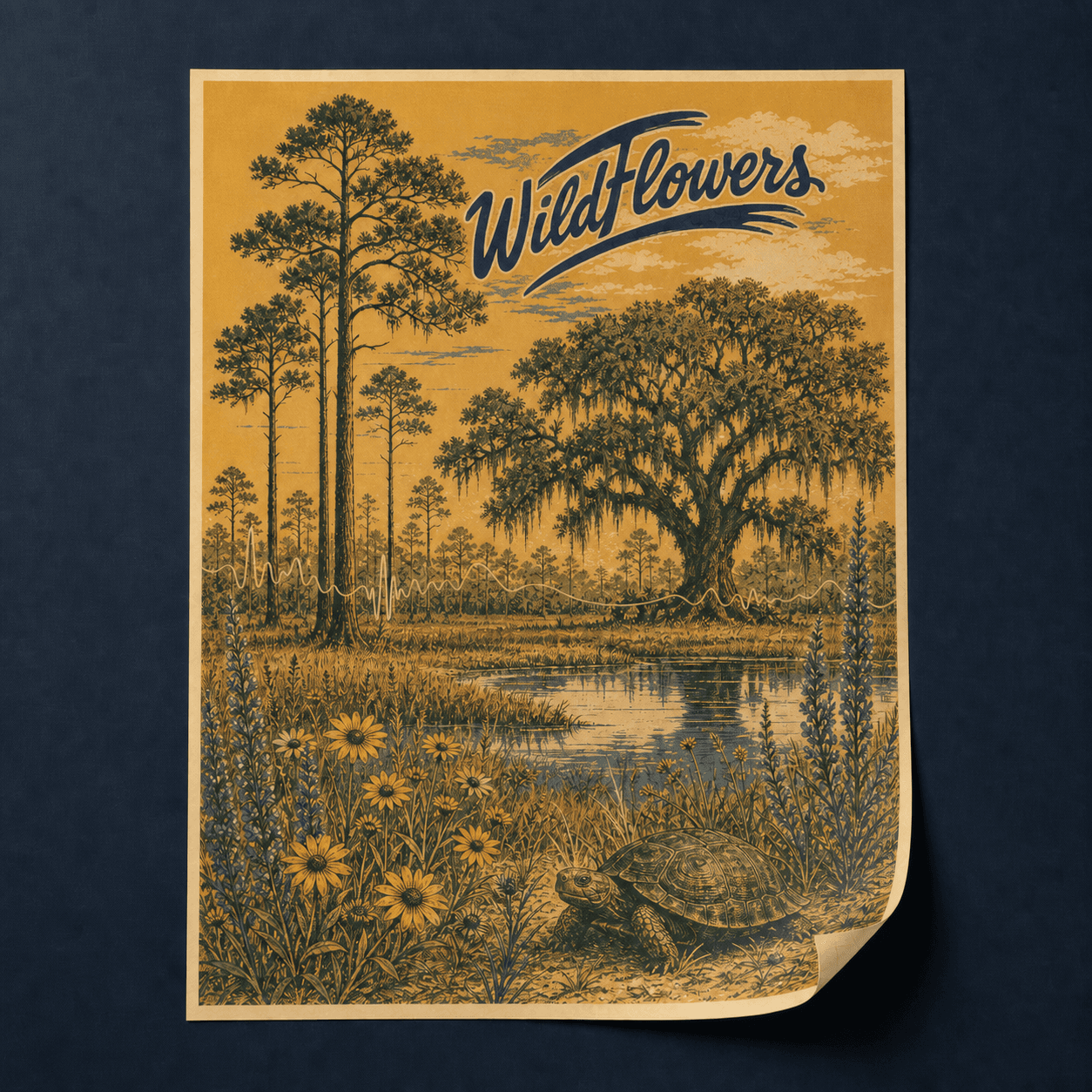 Gold Wildflowers field-guide poster depicting longleaf pines, a moss-draped live oak, pond, wildflowers, and a gopher tortoise