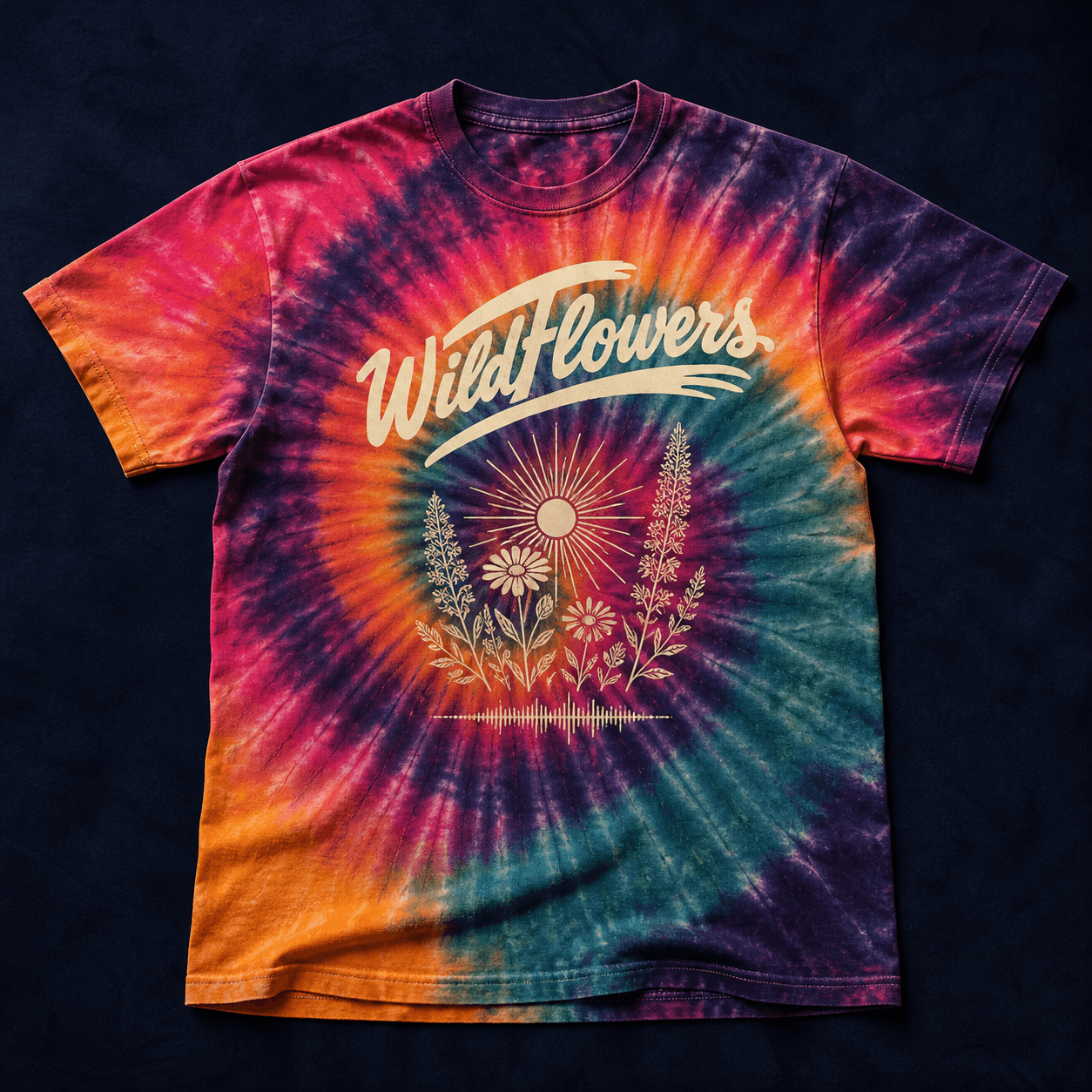 Bright coral, magenta, turquoise, and indigo tie-dye festival tee with the cream Wildflowers script logo, sunburst, and native wildflowers
