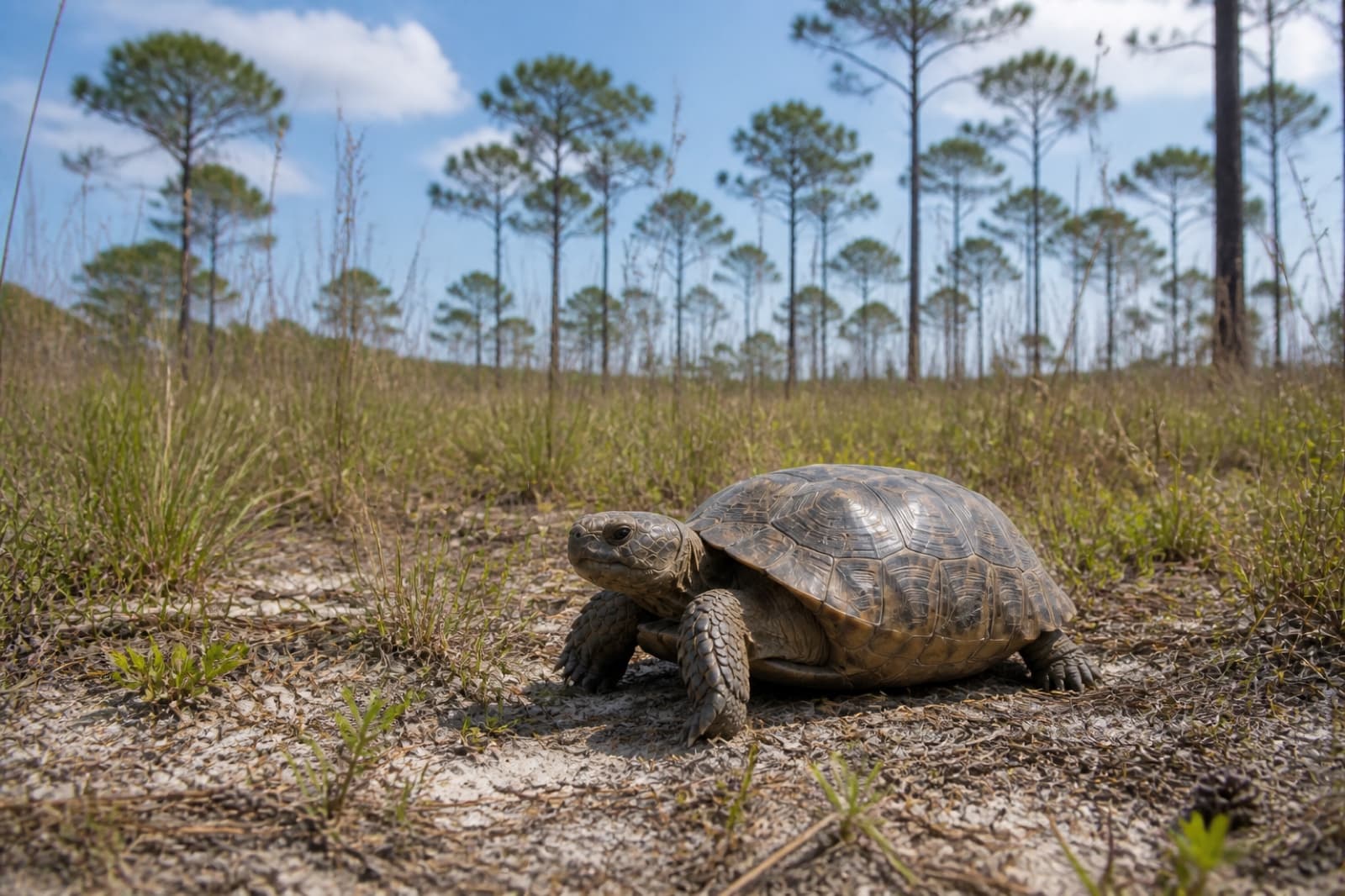 A gopher tortoise moving through open sandy habitat