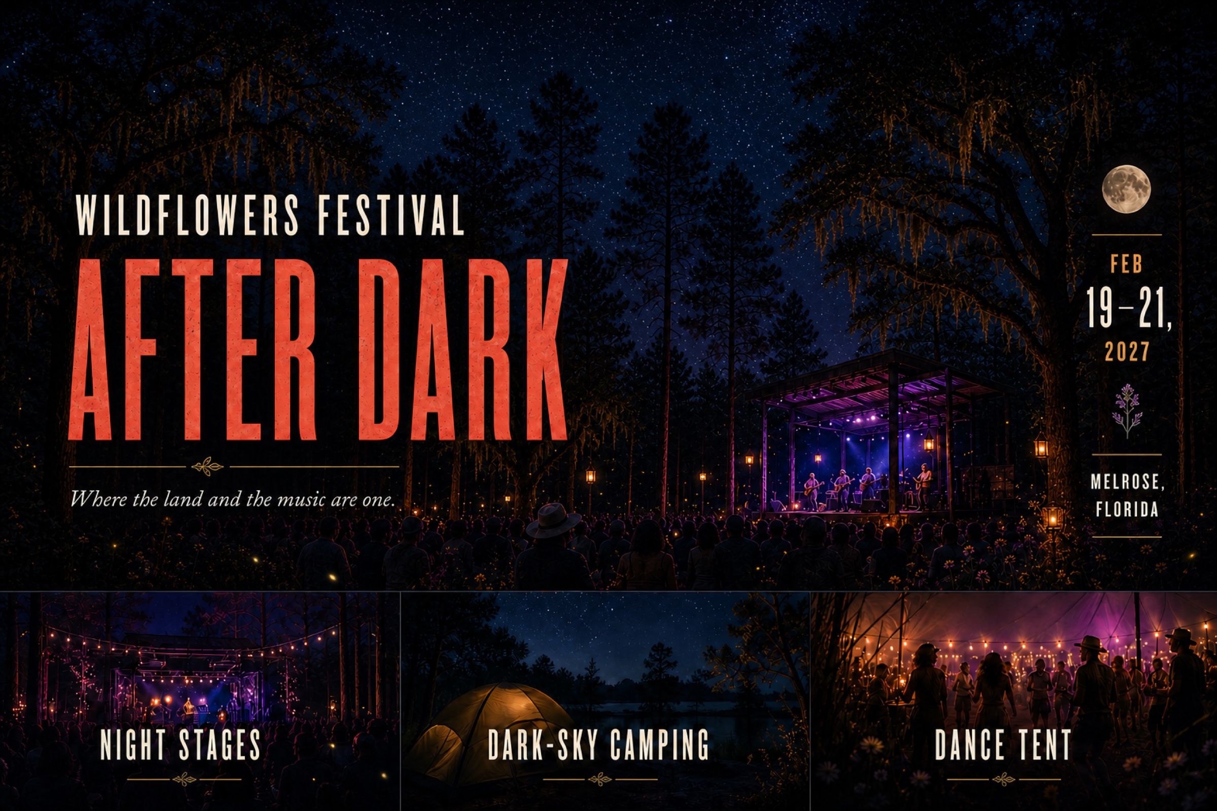 Wildflowers Festival, After Dark. Live oaks and Spanish moss over a purple-lit stage under a starry sky and a full moon, lanterns and fireflies, a crowd watching. Mar 5 to 7, 2027, Melrose, Florida. Where the land and the music are one. Below, three cards: Night Stages, Dark-Sky Camping, and Dance Tent.