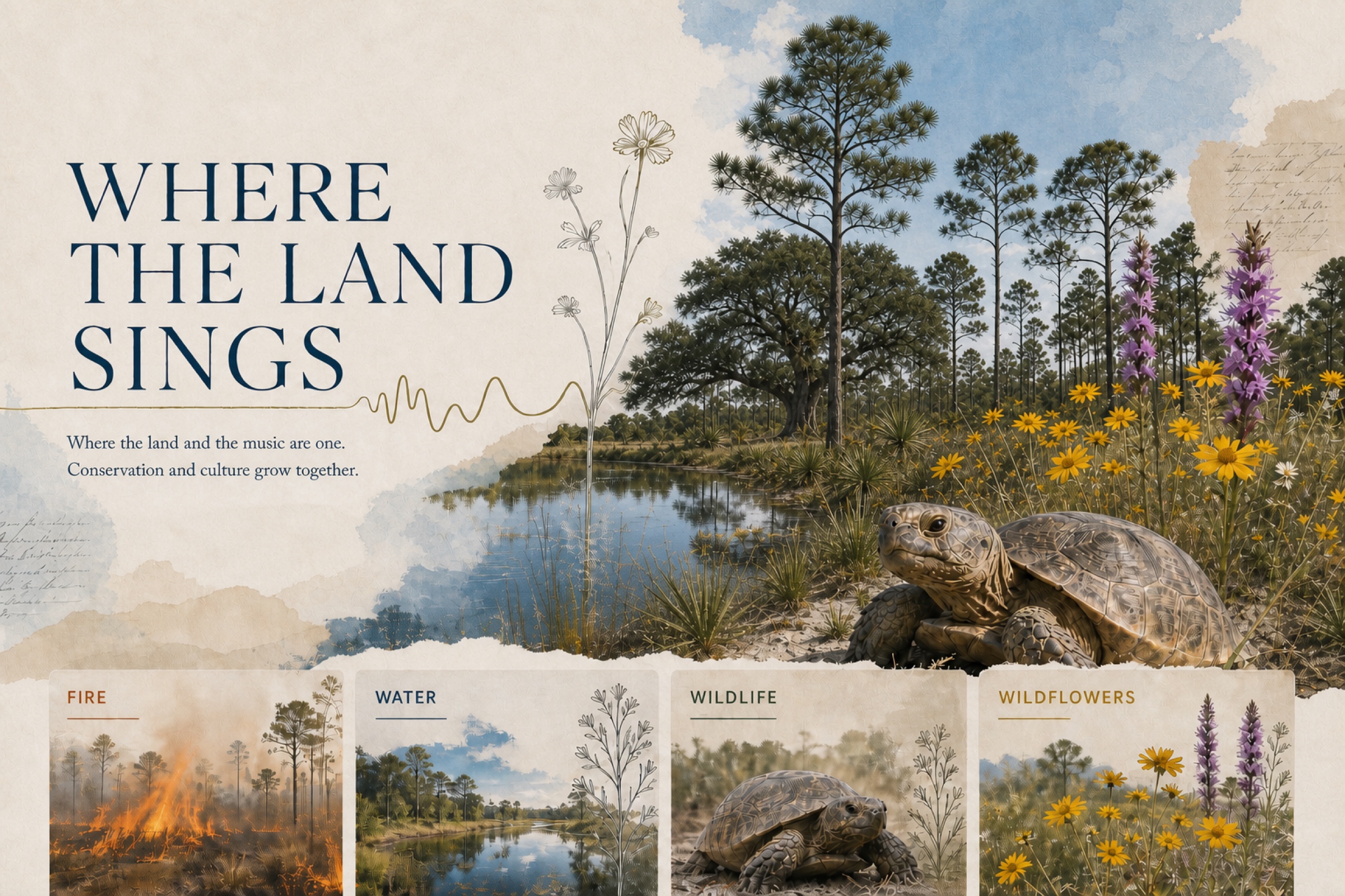 Where the Land Sings. A watercolor of the Wildflowers Music Park sandhill in Melrose, Florida: a gopher tortoise beside a pond, a live oak and longleaf pines, coreopsis and blazing star in bloom. Where the land and the music are one. Conservation and culture grow together.